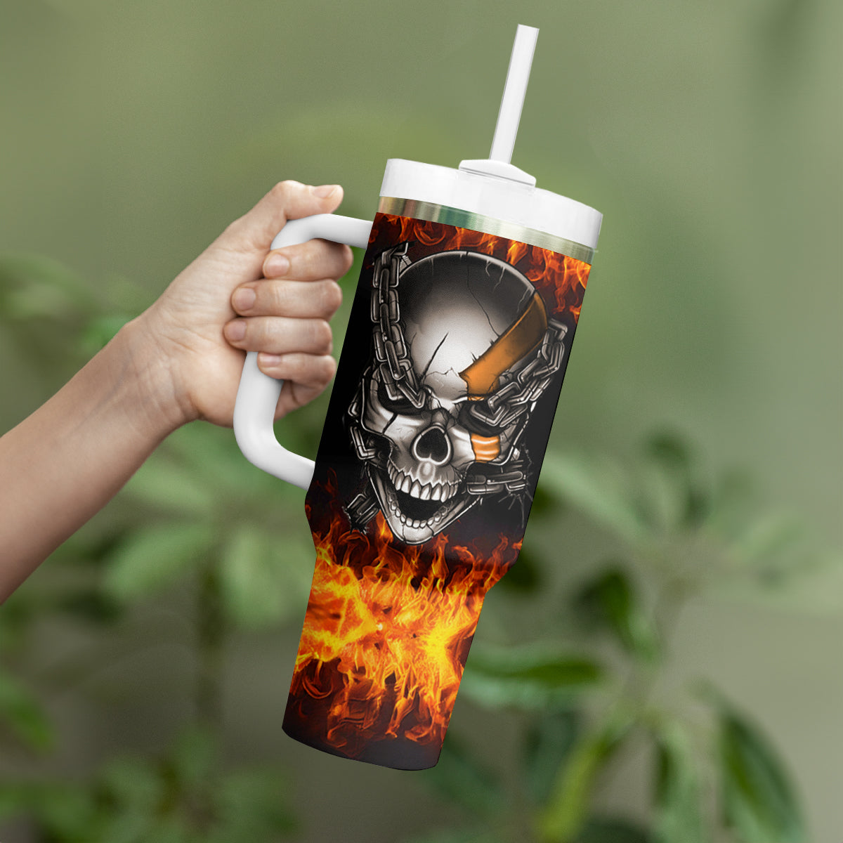 Metal Skull Tumbler With Handle Infernal Chains in Fiery Abyss - Wonder Print Shop