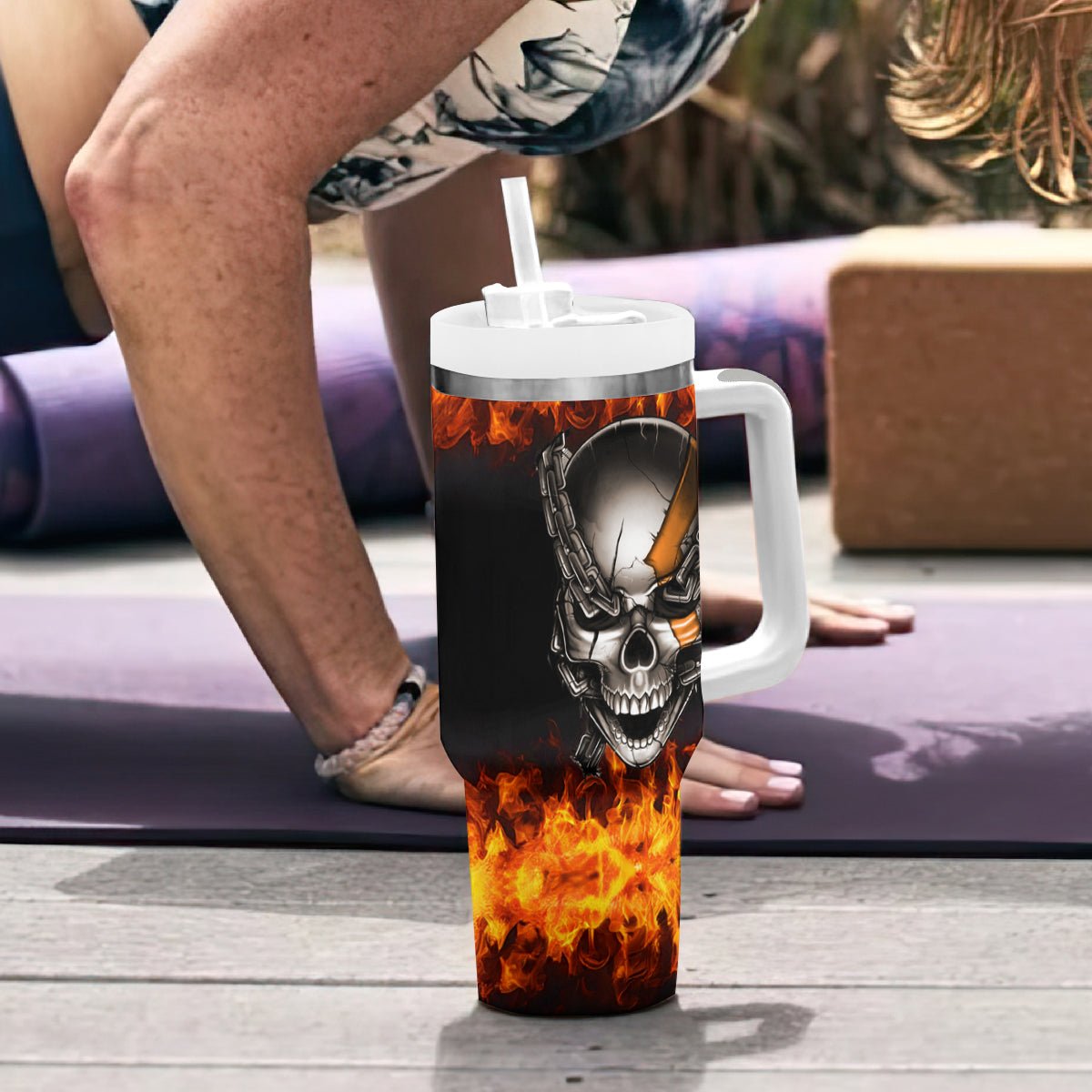 Metal Skull Tumbler With Handle Infernal Chains in Fiery Abyss - Wonder Print Shop