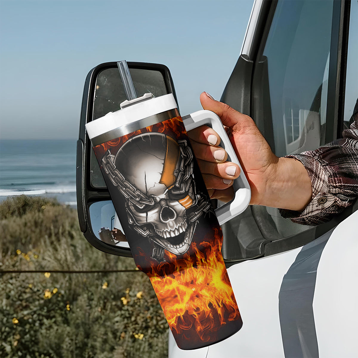 Metal Skull Tumbler With Handle Infernal Chains in Fiery Abyss - Wonder Print Shop