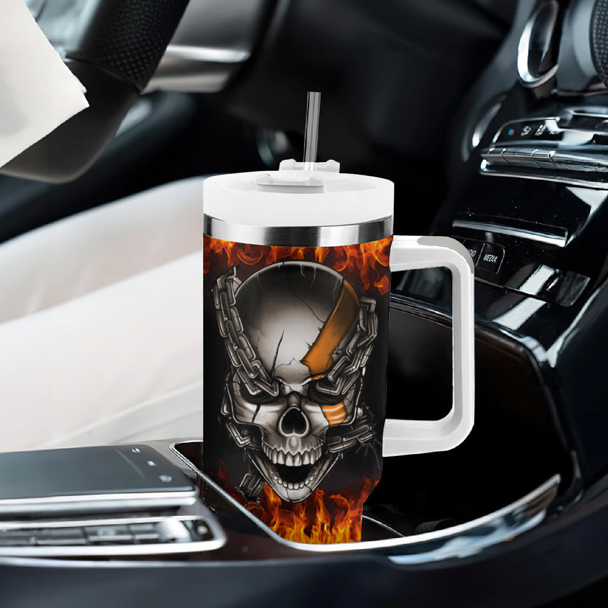Metal Skull Tumbler With Handle Infernal Chains in Fiery Abyss - Wonder Print Shop