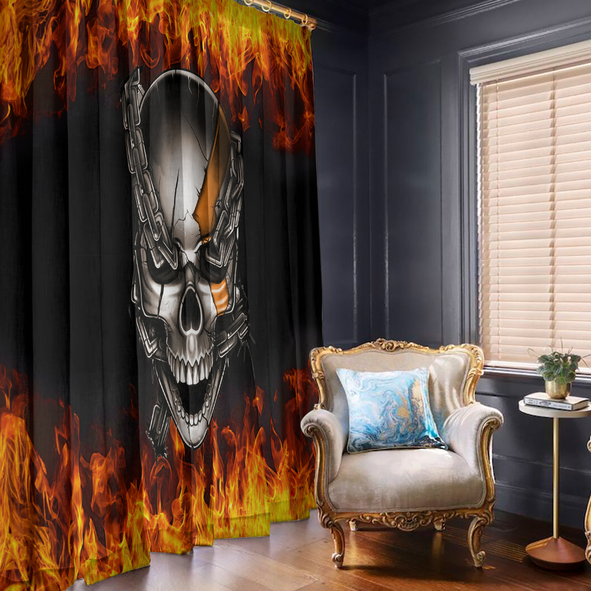 Metal Skull Window Curtain Infernal Chains in Fiery Abyss - Wonder Print Shop