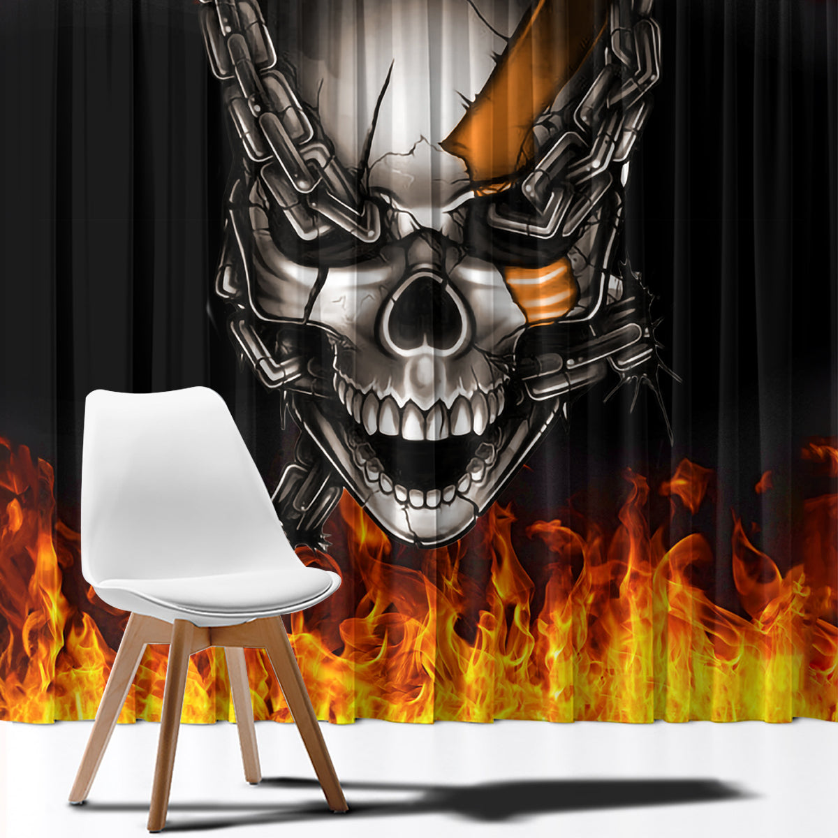 Metal Skull Window Curtain Infernal Chains in Fiery Abyss - Wonder Print Shop