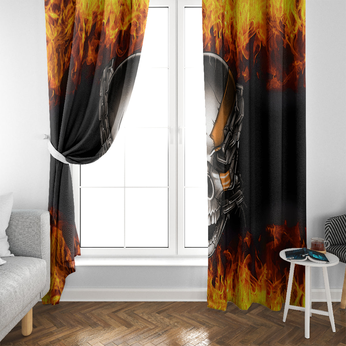 Metal Skull Window Curtain Infernal Chains in Fiery Abyss - Wonder Print Shop