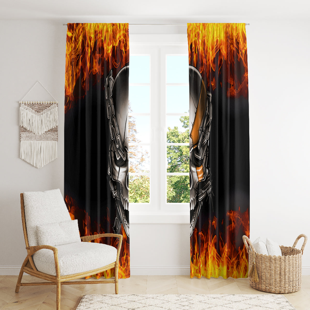Metal Skull Window Curtain Infernal Chains in Fiery Abyss - Wonder Print Shop