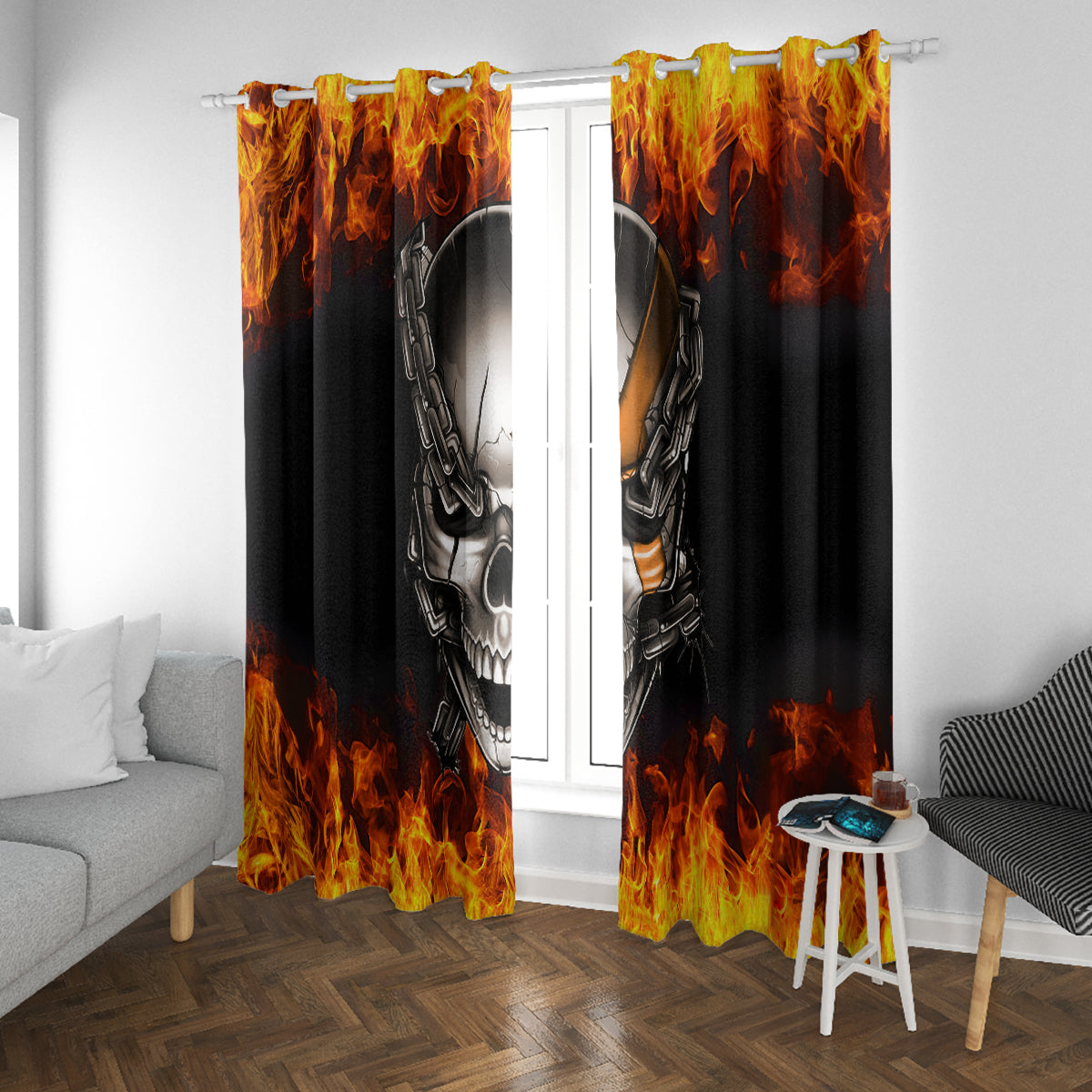 Metal Skull Window Curtain Infernal Chains in Fiery Abyss - Wonder Print Shop