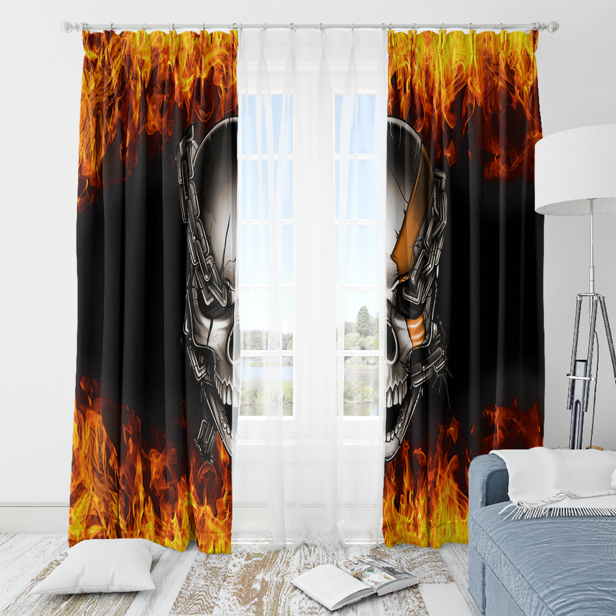 Metal Skull Window Curtain Infernal Chains in Fiery Abyss - Wonder Print Shop