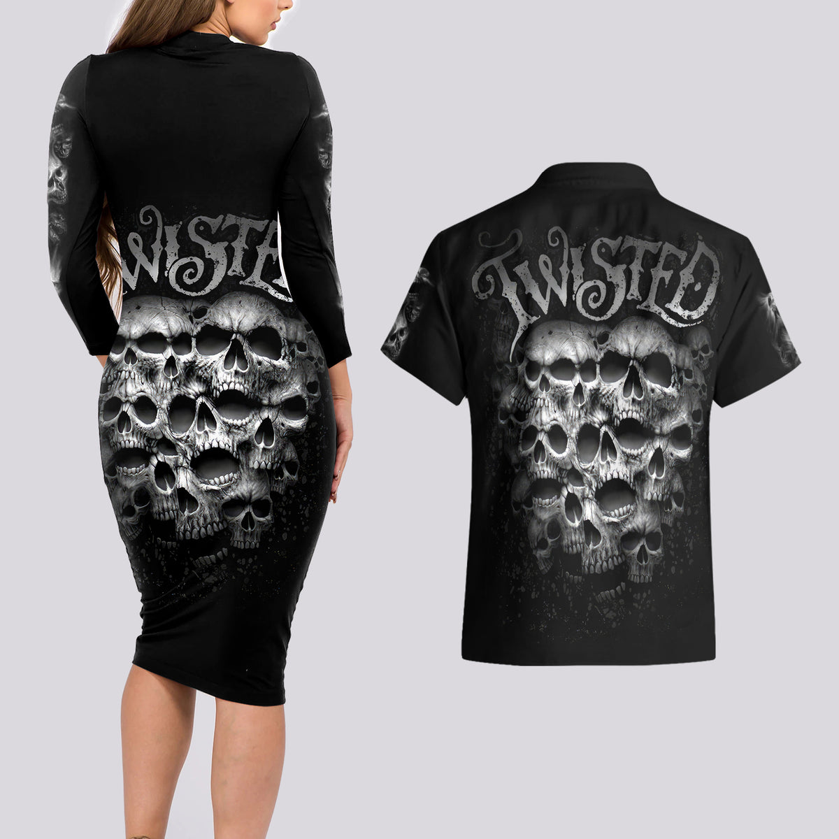 Skull Couples Matching Long Sleeve Bodycon Dress and Hawaiian Shirt Twisted Head Skull - Wonder Print Shop