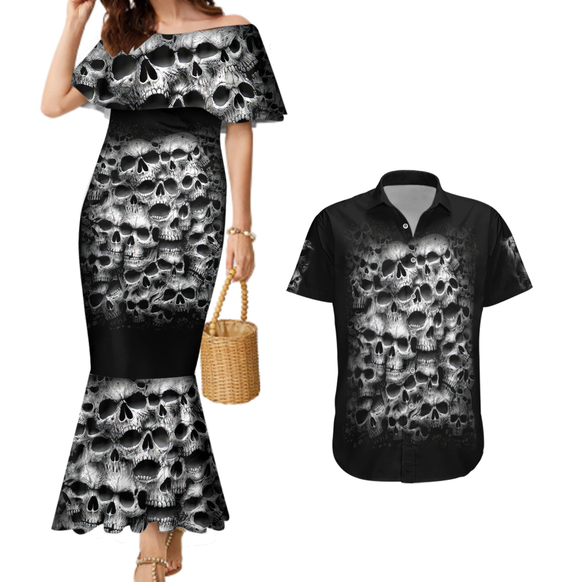 Skull Couples Matching Mermaid Dress And Hawaiian Shirt Twisted Head Skull - Wonder Print Shop