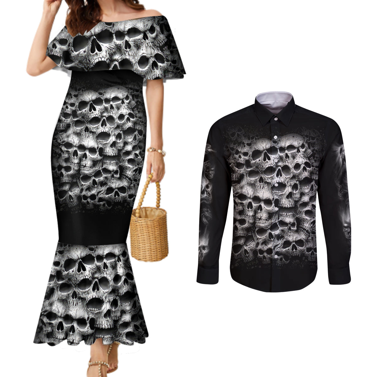 Skull Couples Matching Mermaid Dress and Long Sleeve Button Shirts Twisted Head Skull DT01