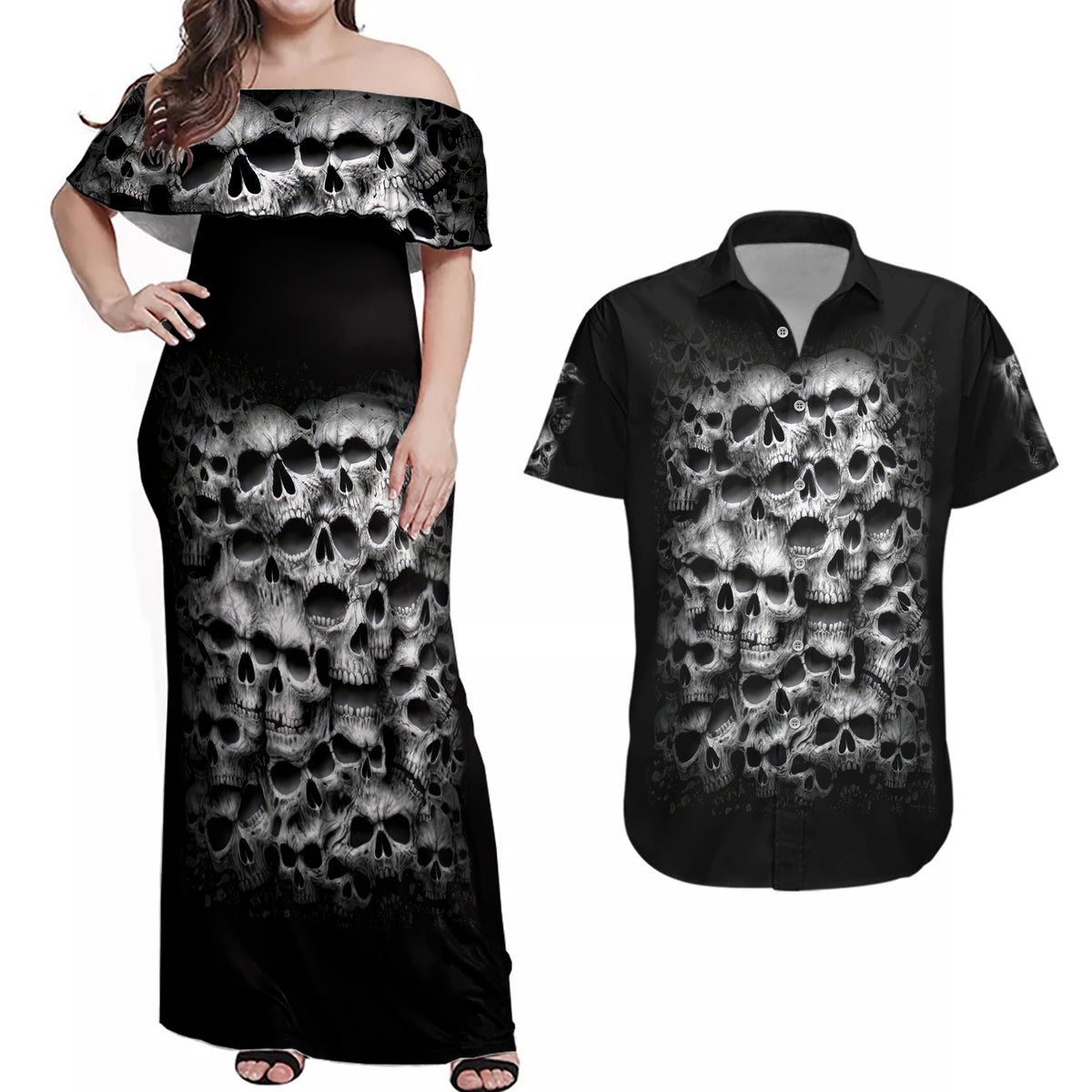 Skull Couples Matching Off Shoulder Maxi Dress and Hawaiian Shirt Twisted Head Skull - Wonder Print Shop