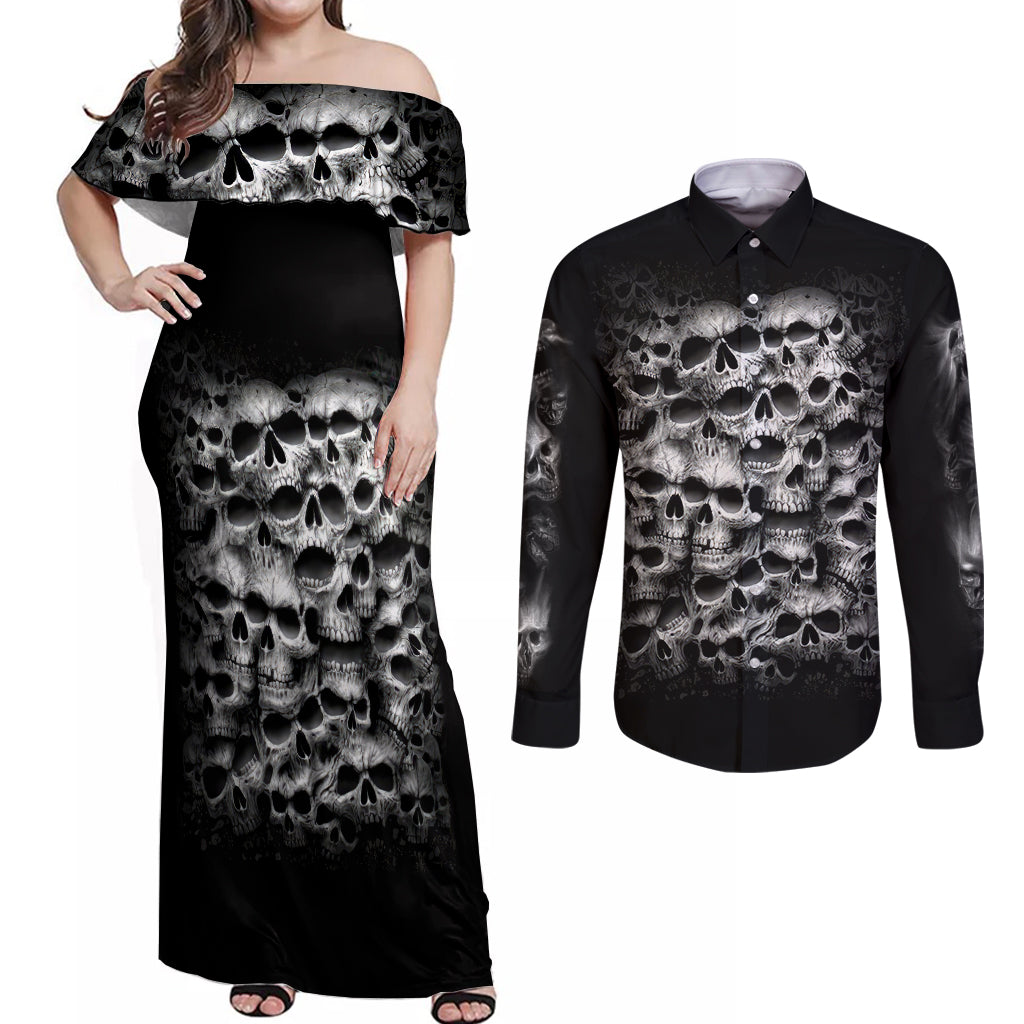 Skull Couples Matching Off Shoulder Maxi Dress and Long Sleeve Button Shirts Twisted Head Skull - Wonder Print Shop