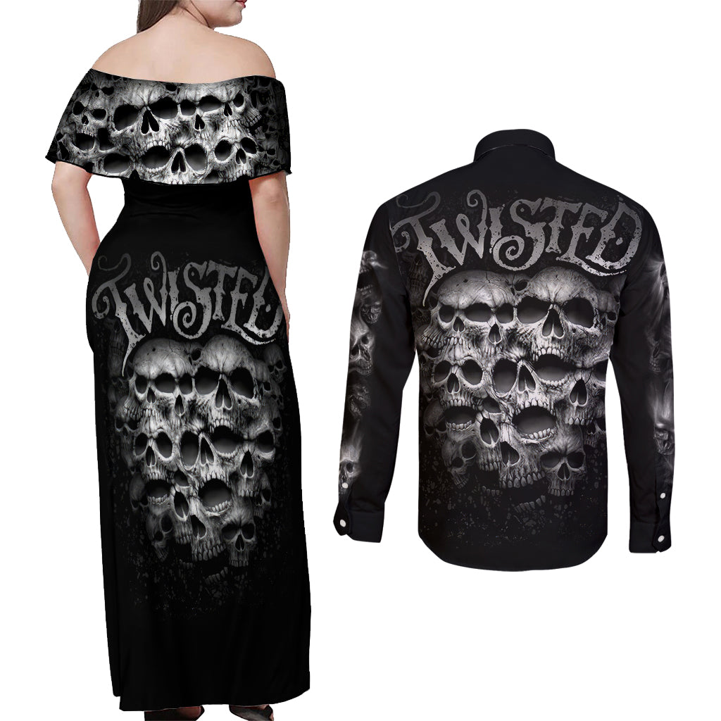 Skull Couples Matching Off Shoulder Maxi Dress and Long Sleeve Button Shirts Twisted Head Skull - Wonder Print Shop