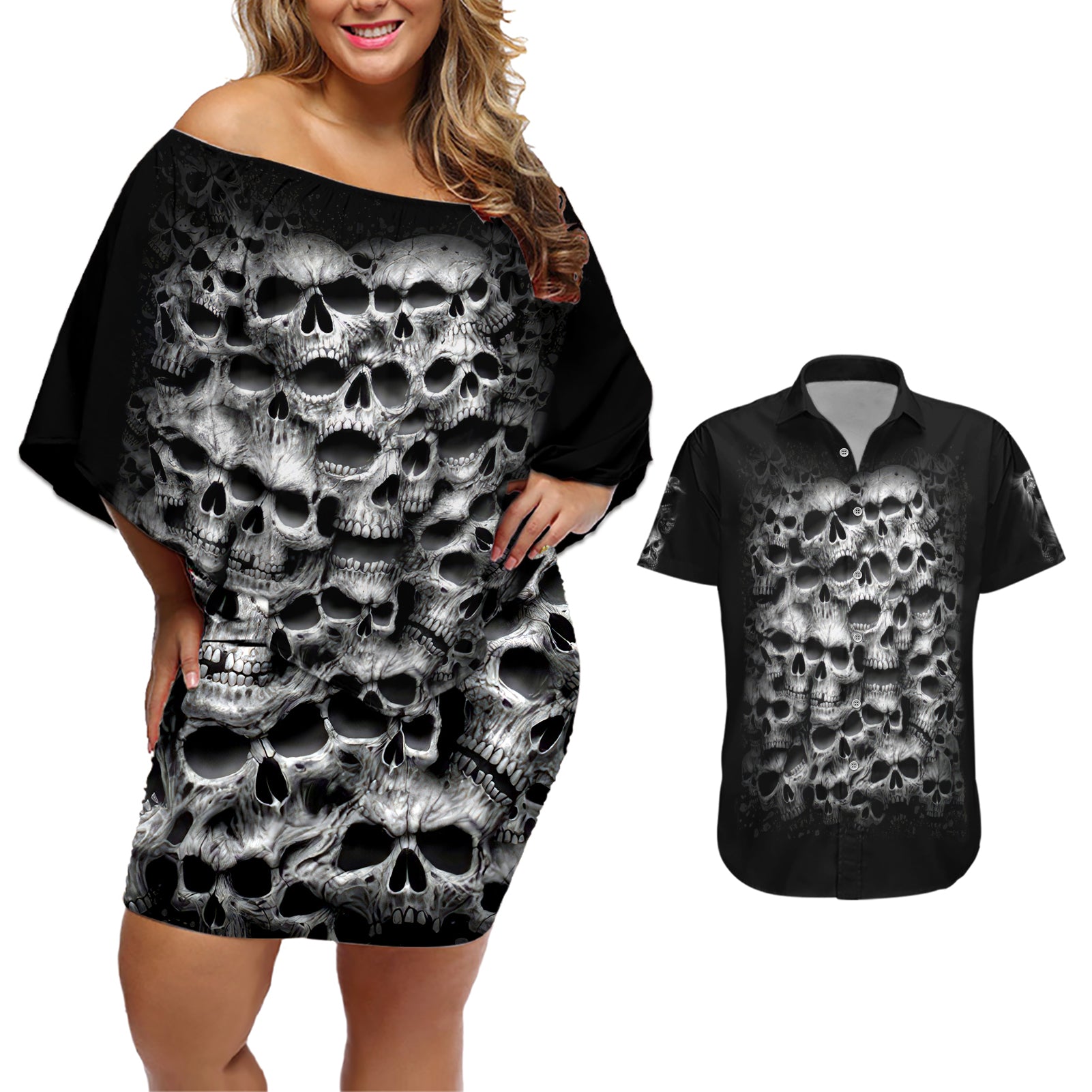 Skull Couples Matching Off Shoulder Short Dress and Hawaiian Shirt Twisted Head Skull - Wonder Print Shop