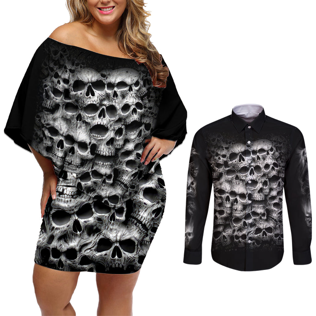 Skull Couples Matching Off Shoulder Short Dress and Long Sleeve Button Shirts Twisted Head Skull - Wonder Print Shop