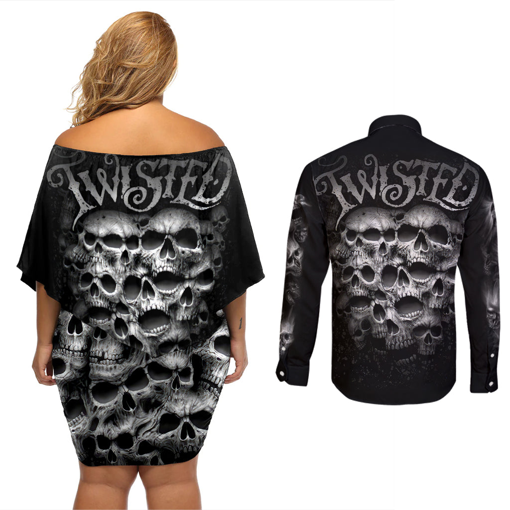 Skull Couples Matching Off Shoulder Short Dress and Long Sleeve Button Shirts Twisted Head Skull - Wonder Print Shop