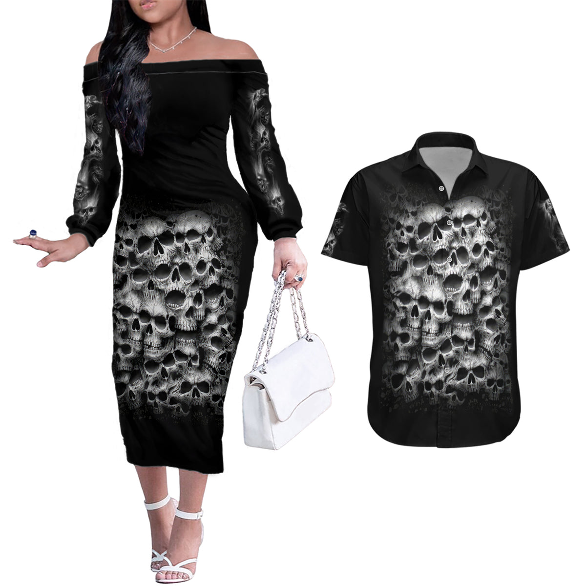 Skull Couples Matching Off The Shoulder Long Sleeve Dress and Hawaiian Shirt Twisted Head Skull - Wonder Print Shop
