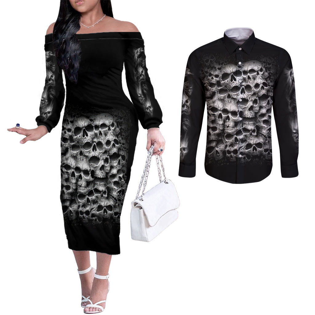 Skull Couples Matching Off The Shoulder Long Sleeve Dress and Long Sleeve Button Shirts Twisted Head Skull DT01
