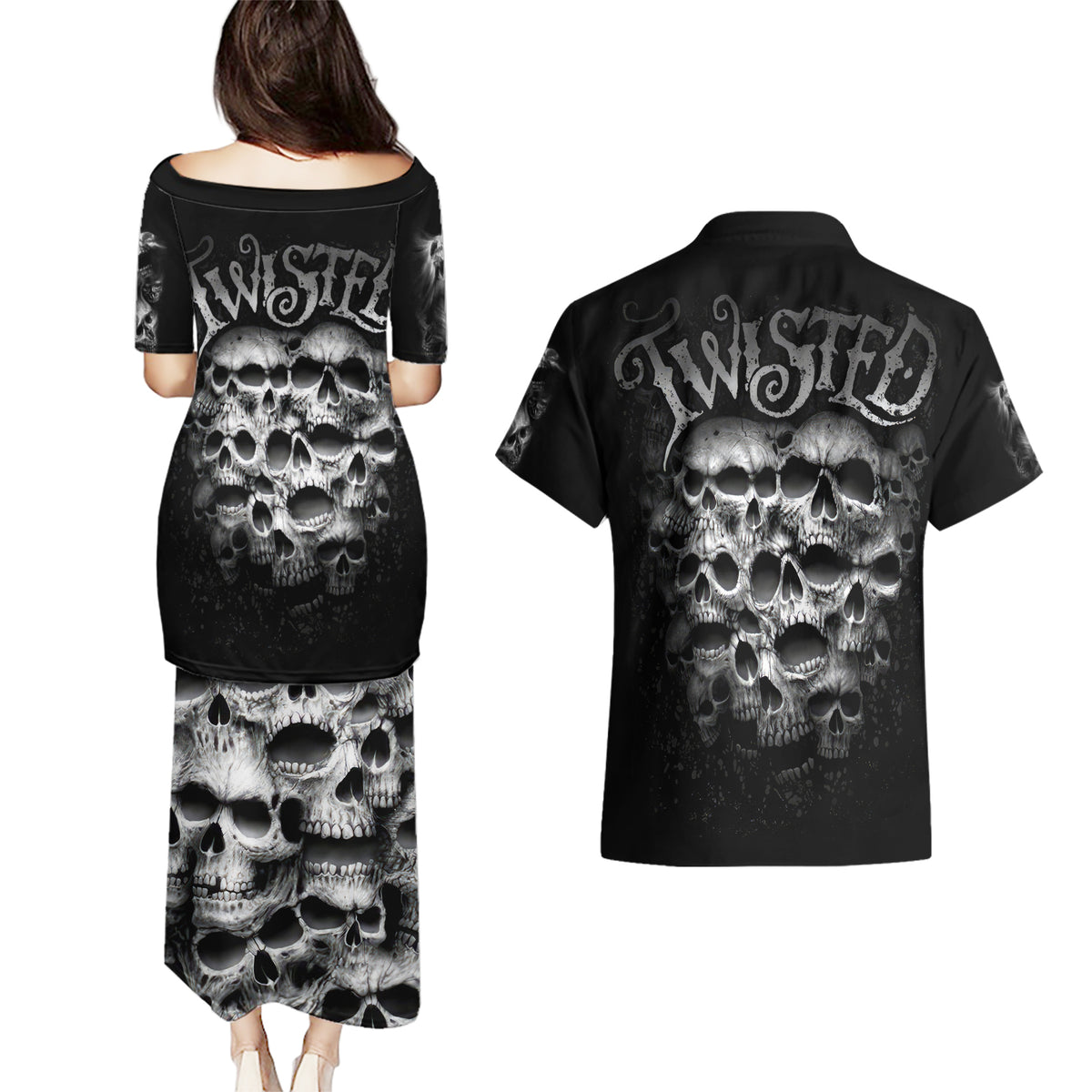 Skull Couples Matching Puletasi Dress and Hawaiian Shirt Twisted Head Skull - Wonder Print Shop