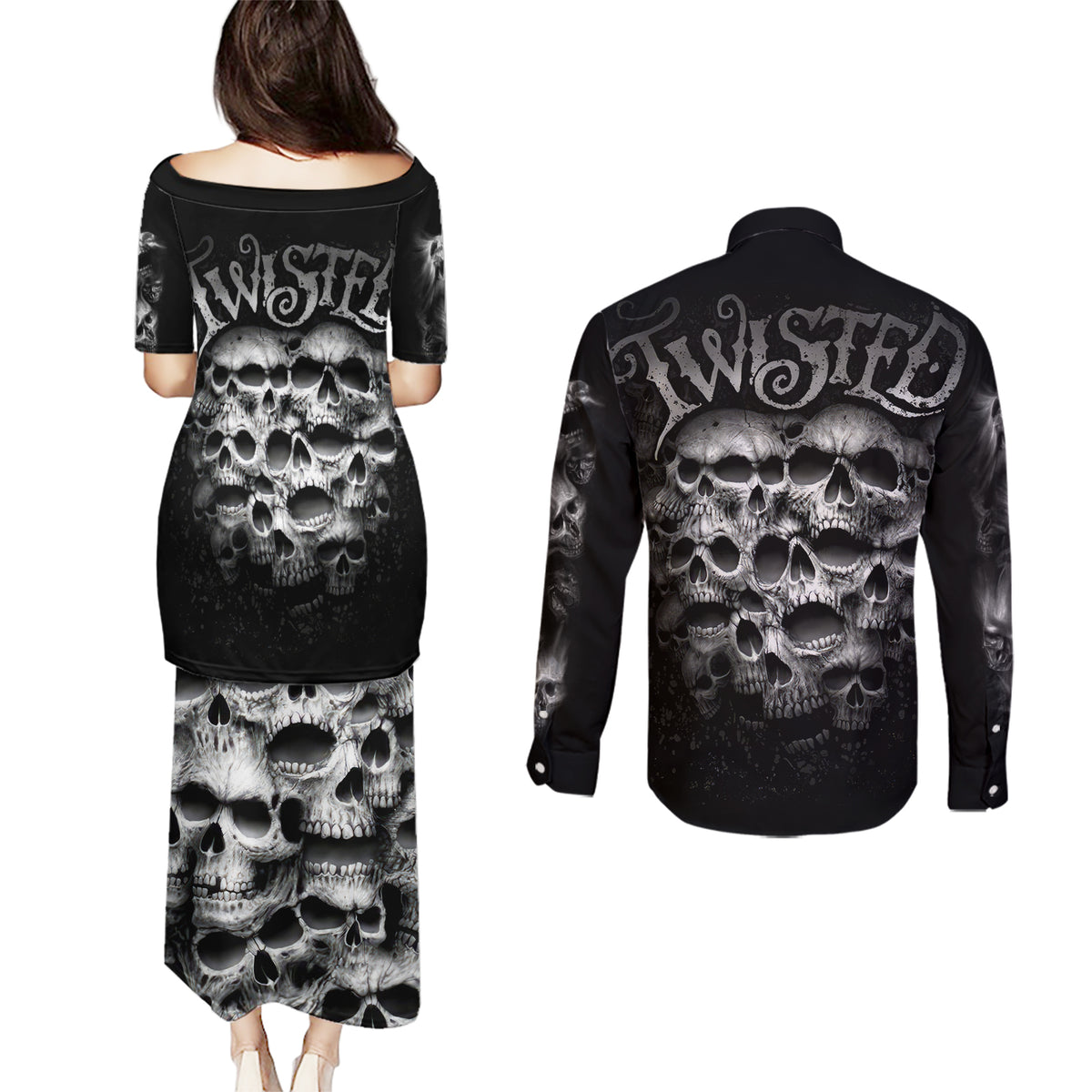 Skull Couples Matching Puletasi Dress and Long Sleeve Button Shirts Twisted Head Skull - Wonder Print Shop