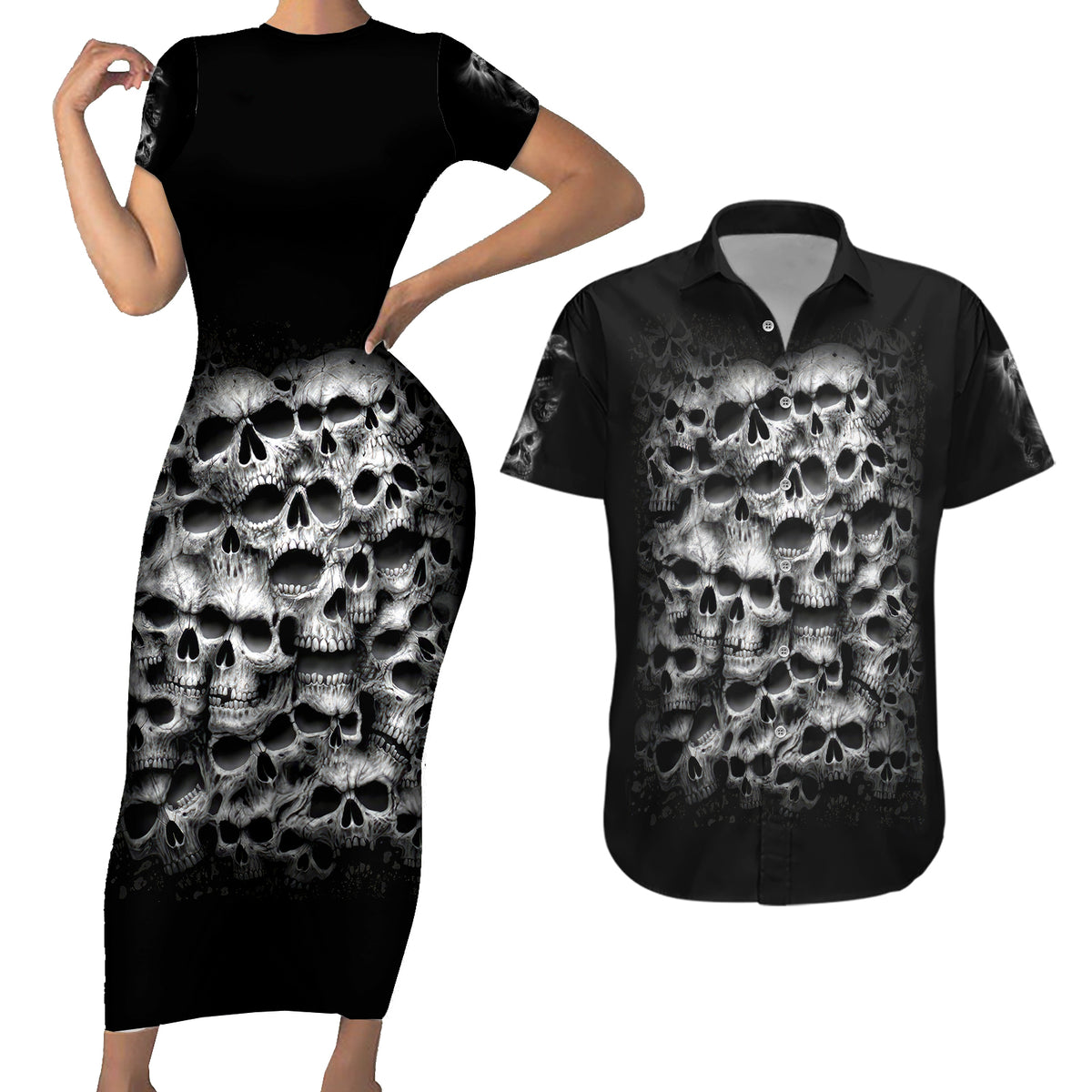 Skull Couples Matching Short Sleeve Bodycon Dress and Hawaiian Shirt Twisted Head Skull - Wonder Print Shop