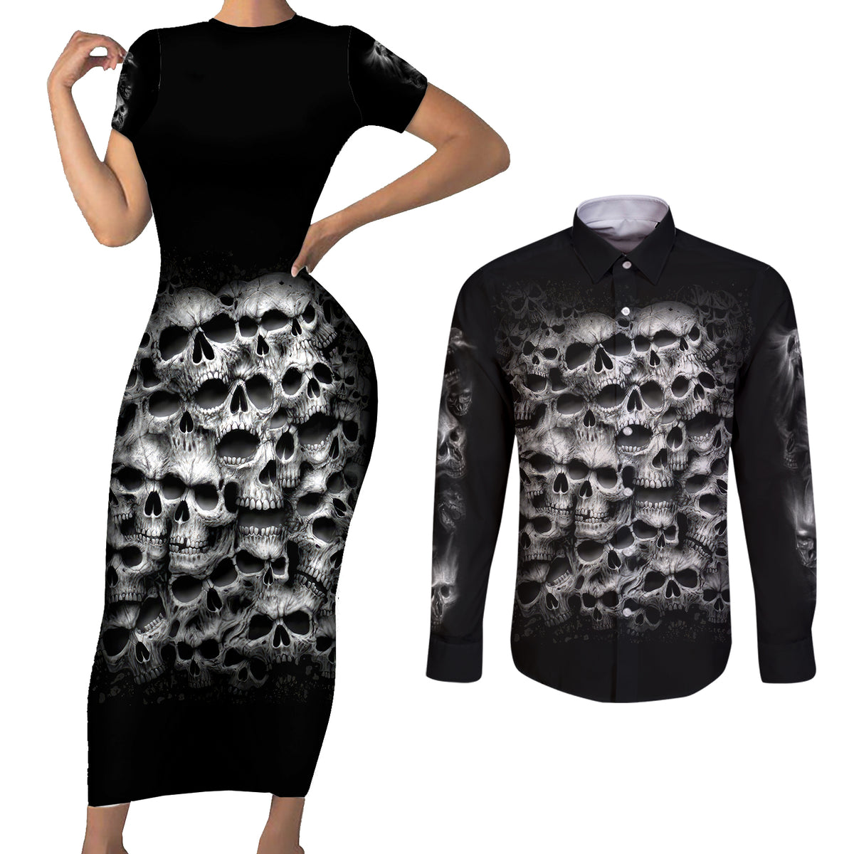 Skull Couples Matching Short Sleeve Bodycon Dress and Long Sleeve Button Shirts Twisted Head Skull - Wonder Print Shop