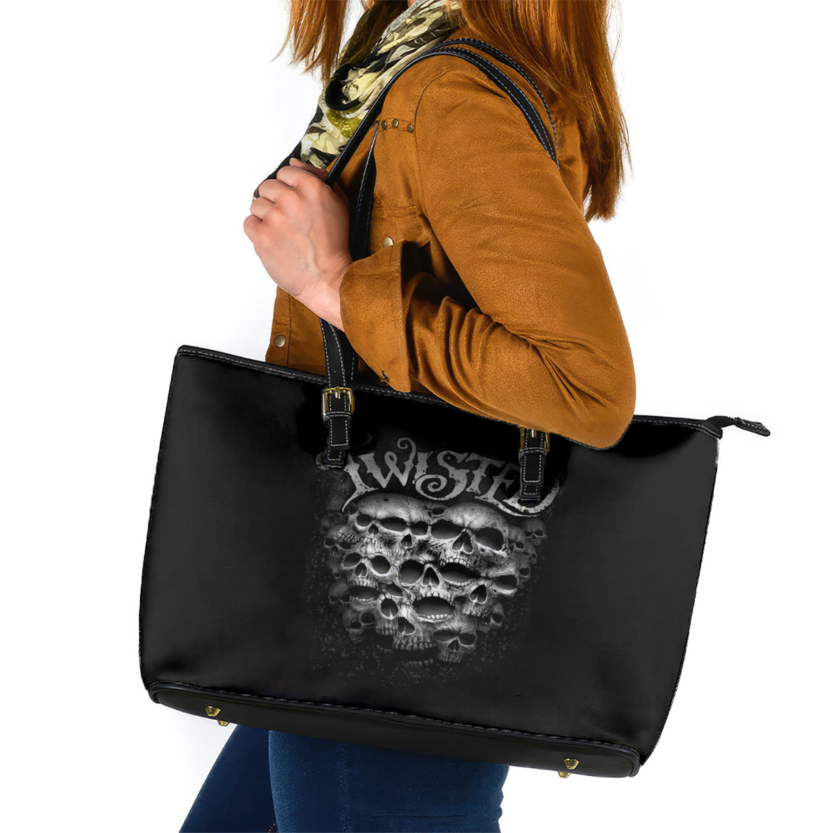 Skull Leather Tote Bag Twisted Head Skull - Wonder Print Shop