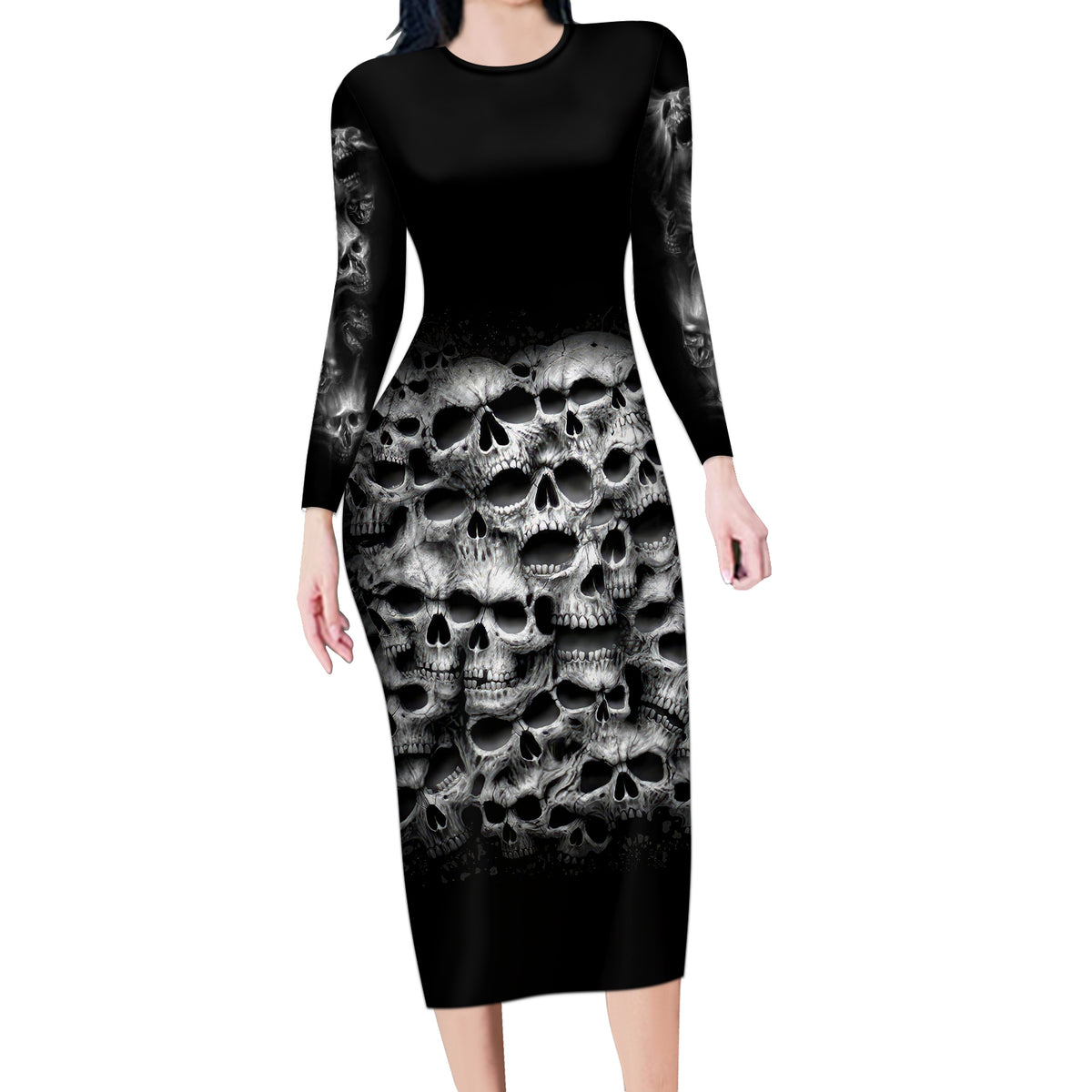Skull Long Sleeve Bodycon Dress Twisted Head Skull - Wonder Print Shop