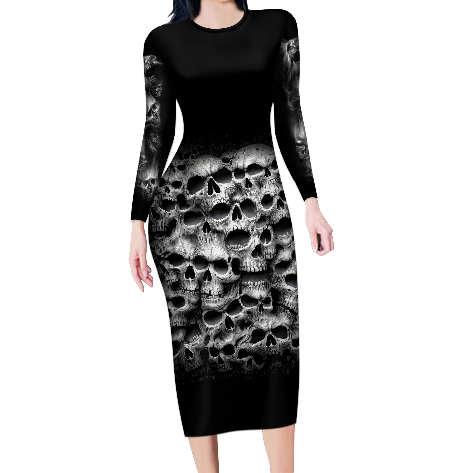 Skull Long Sleeve Bodycon Dress Twisted Head Skull - Wonder Print Shop