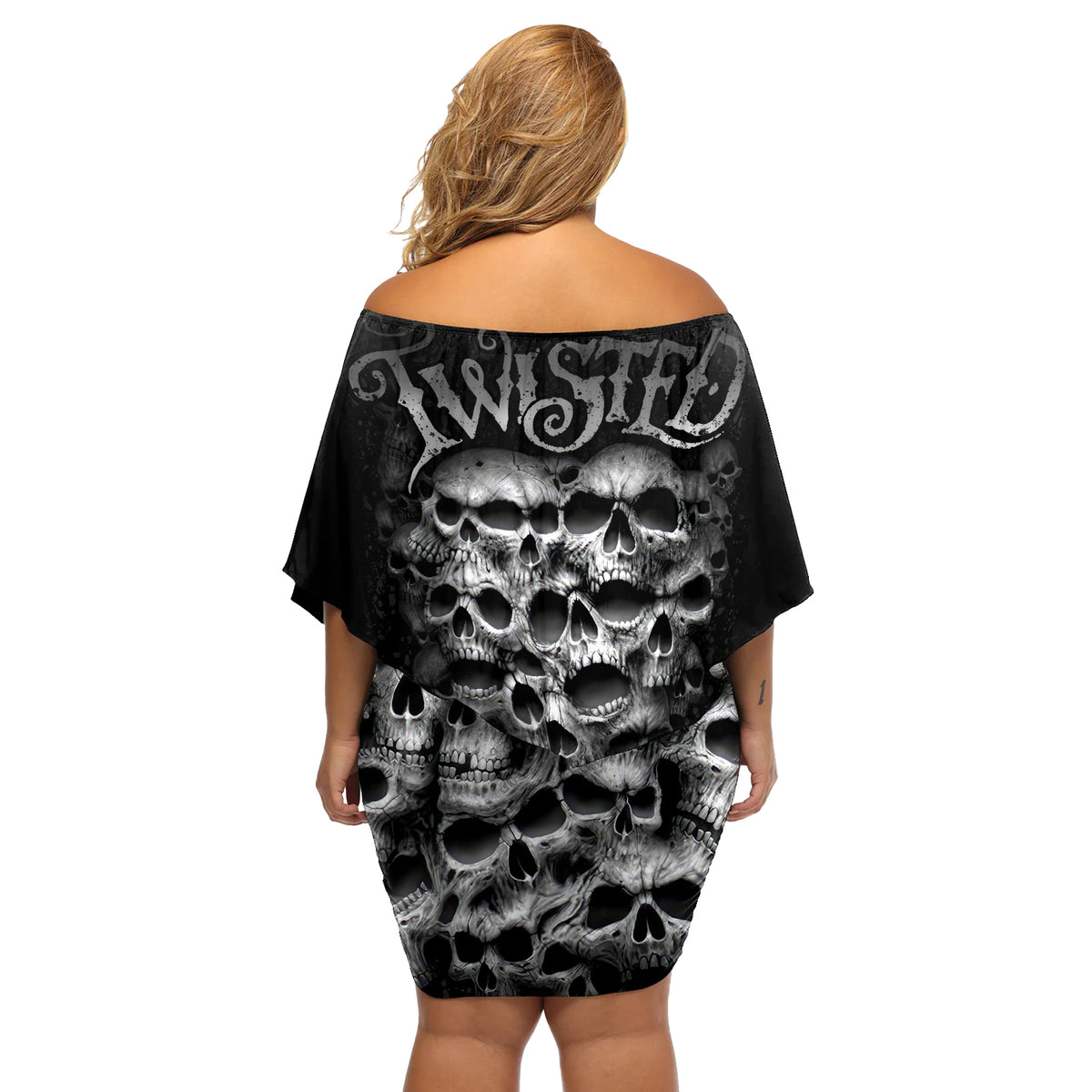 Skull Off Shoulder Short Dress Twisted Head Skull - Wonder Print Shop