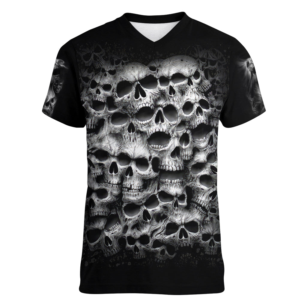 Skull Women V Neck T Shirt Twisted Head Skull - Wonder Print Shop