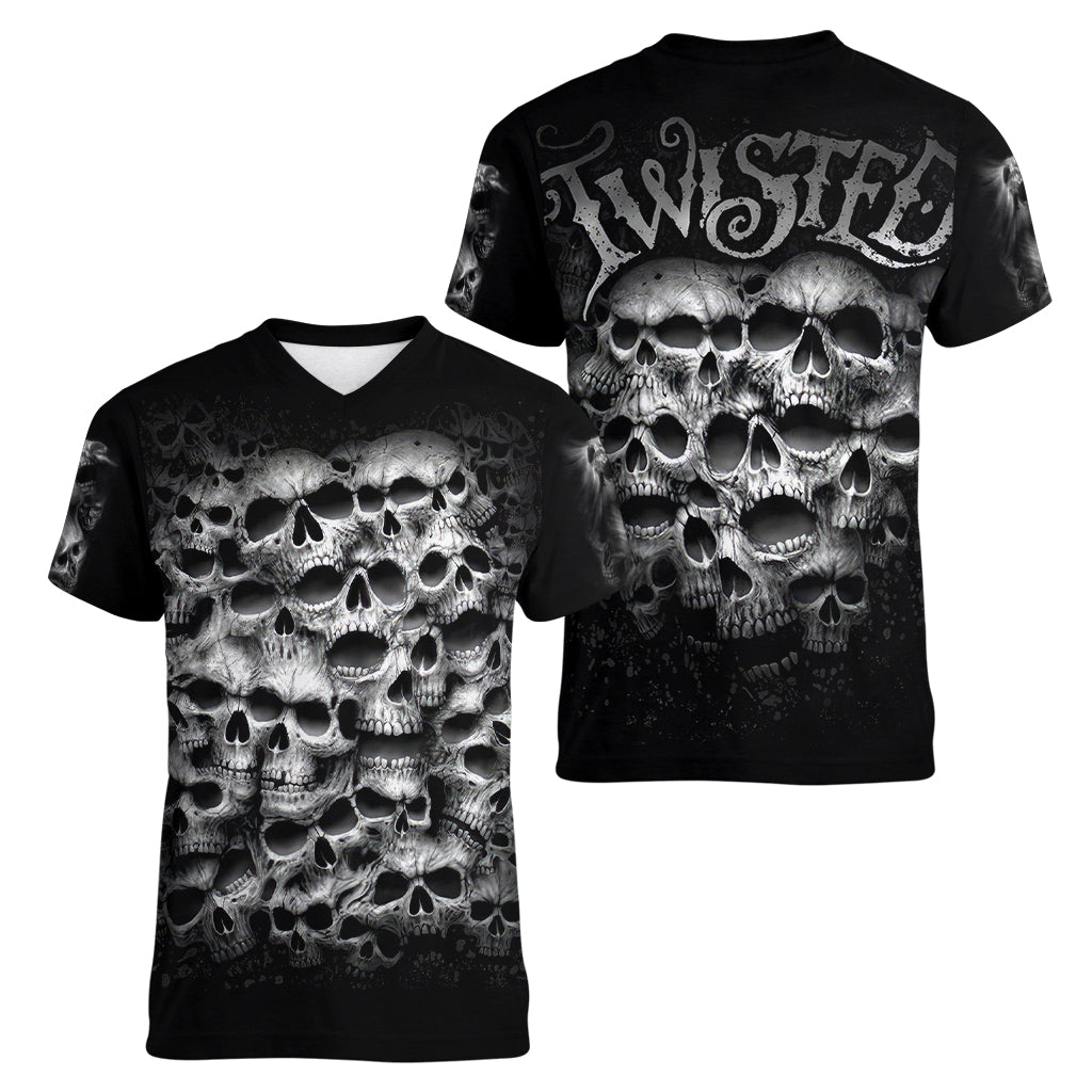 Skull Women V Neck T Shirt Twisted Head Skull - Wonder Print Shop
