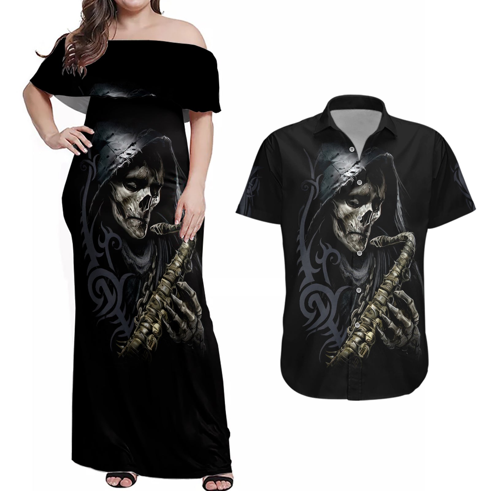 Skull Couples Matching Off Shoulder Maxi Dress and Hawaiian Shirt Musician Of Death - Wonder Print Shop