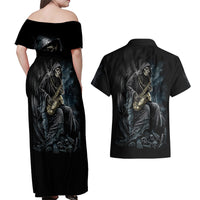 Skull Couples Matching Off Shoulder Maxi Dress and Hawaiian Shirt Musician Of Death - Wonder Print Shop