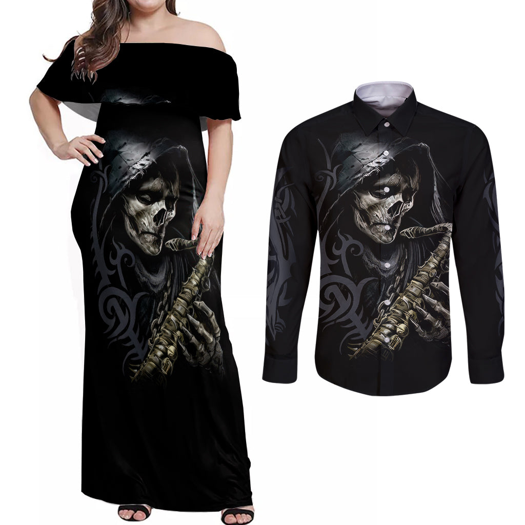 Skull Couples Matching Off Shoulder Maxi Dress and Long Sleeve Button Shirts Musician Of Death - Wonder Print Shop