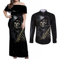 Skull Couples Matching Off Shoulder Maxi Dress and Long Sleeve Button Shirts Musician Of Death - Wonder Print Shop
