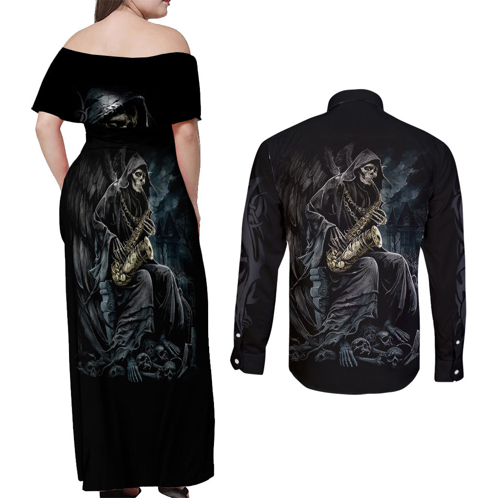 Skull Couples Matching Off Shoulder Maxi Dress and Long Sleeve Button Shirts Musician Of Death - Wonder Print Shop