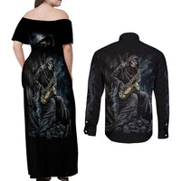 Skull Couples Matching Off Shoulder Maxi Dress and Long Sleeve Button Shirts Musician Of Death - Wonder Print Shop