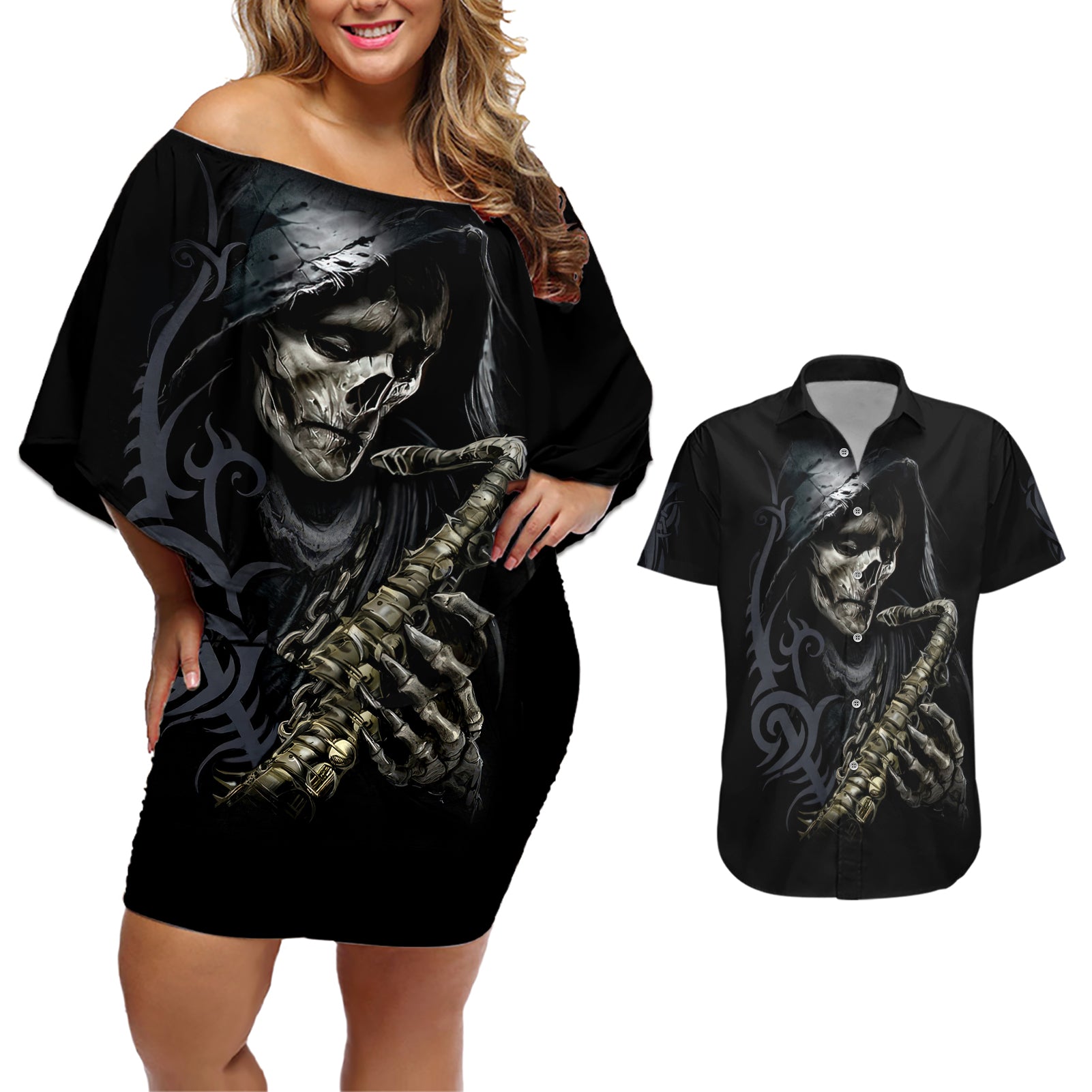 Skull Couples Matching Off Shoulder Short Dress and Hawaiian Shirt Musician Of Death - Wonder Print Shop