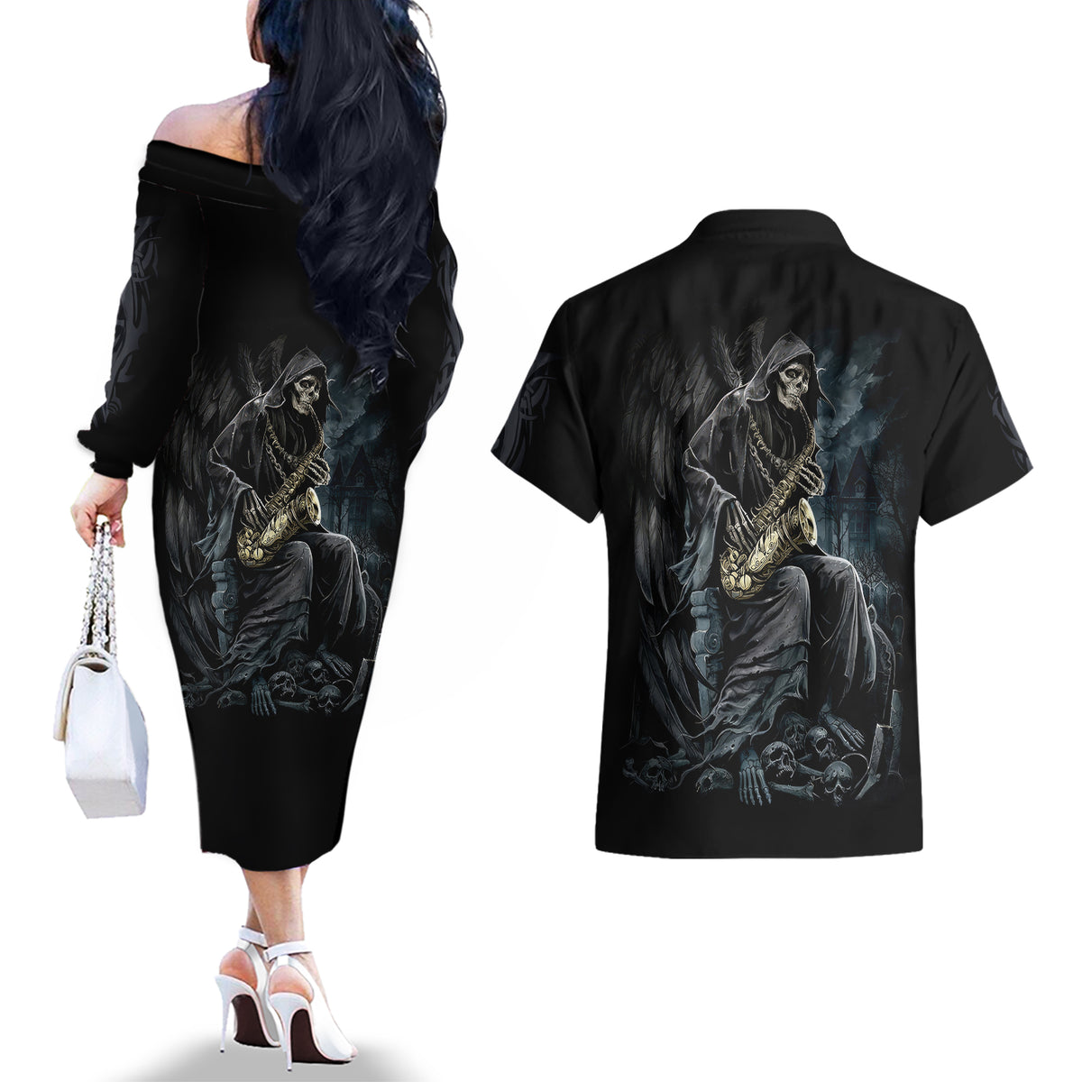 Skull Couples Matching Off The Shoulder Long Sleeve Dress and Hawaiian Shirt Musician Of Death - Wonder Print Shop