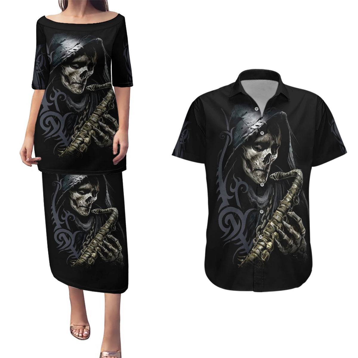 Skull Couples Matching Puletasi Dress and Hawaiian Shirt Musician Of Death - Wonder Print Shop