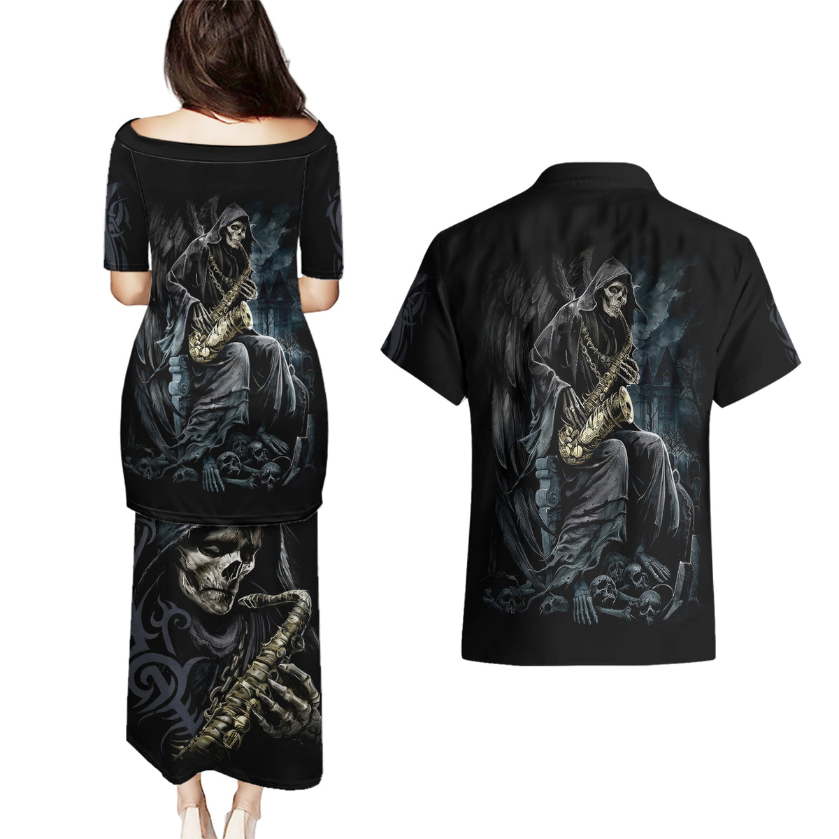Skull Couples Matching Puletasi Dress and Hawaiian Shirt Musician Of Death - Wonder Print Shop
