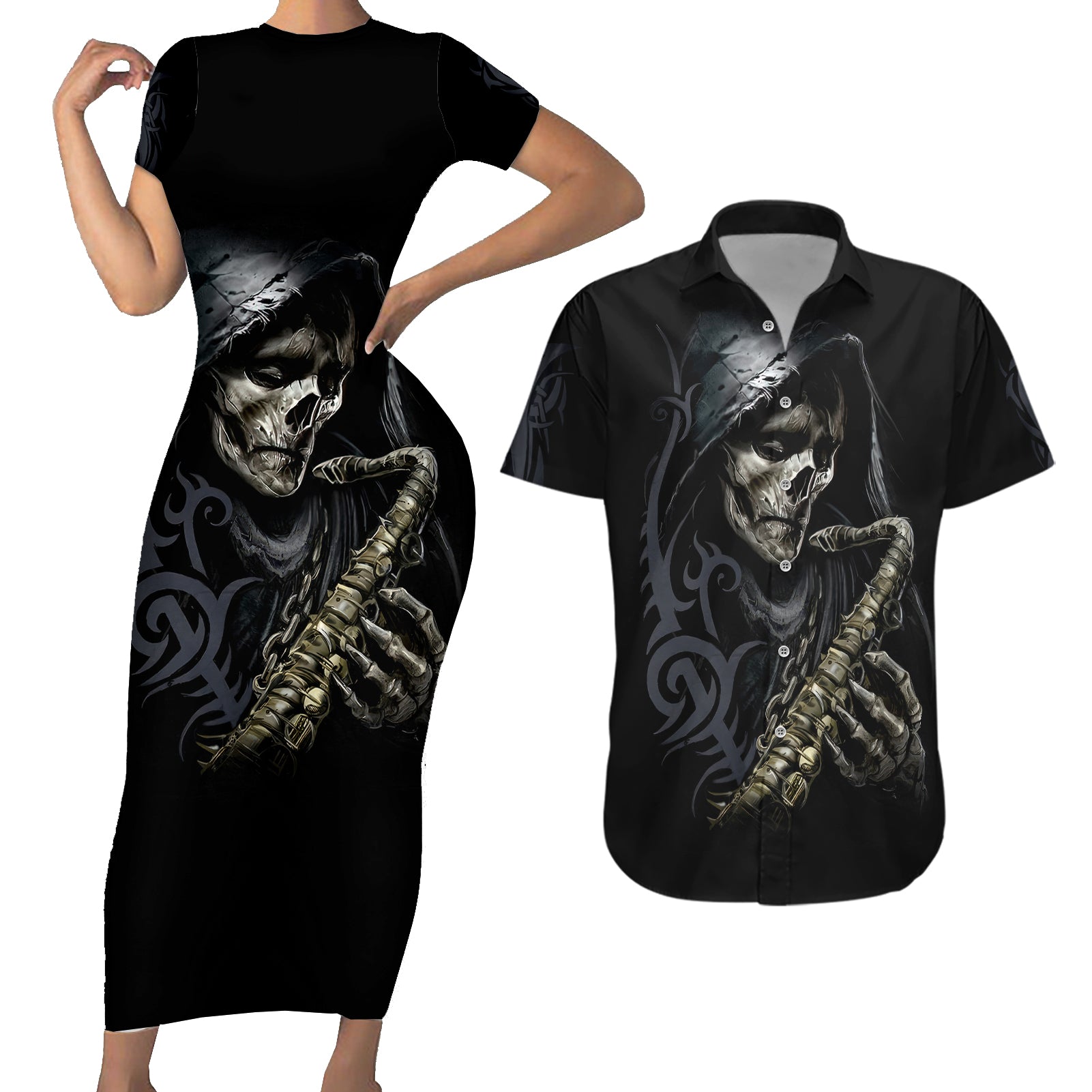 Skull Couples Matching Short Sleeve Bodycon Dress and Hawaiian Shirt Musician Of Death - Wonder Print Shop