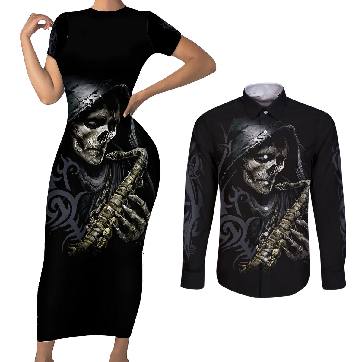 Skull Couples Matching Short Sleeve Bodycon Dress and Long Sleeve Button Shirts Musician Of Death - Wonder Print Shop