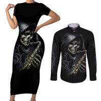 Skull Couples Matching Short Sleeve Bodycon Dress and Long Sleeve Button Shirts Musician Of Death - Wonder Print Shop