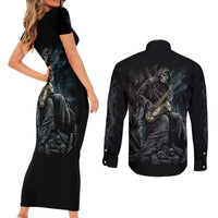 Skull Couples Matching Short Sleeve Bodycon Dress and Long Sleeve Button Shirts Musician Of Death - Wonder Print Shop