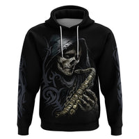 Black pullover hoodie with skull and skeleton guitar graphic on the chest and arms