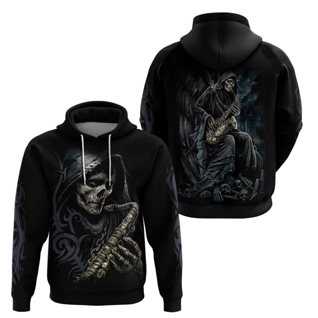 Pair of black pullover hoodies featuring skull and skeleton guitar graphic, front and back