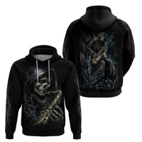 Pair of black pullover hoodies featuring skull and skeleton guitar graphic, front and back