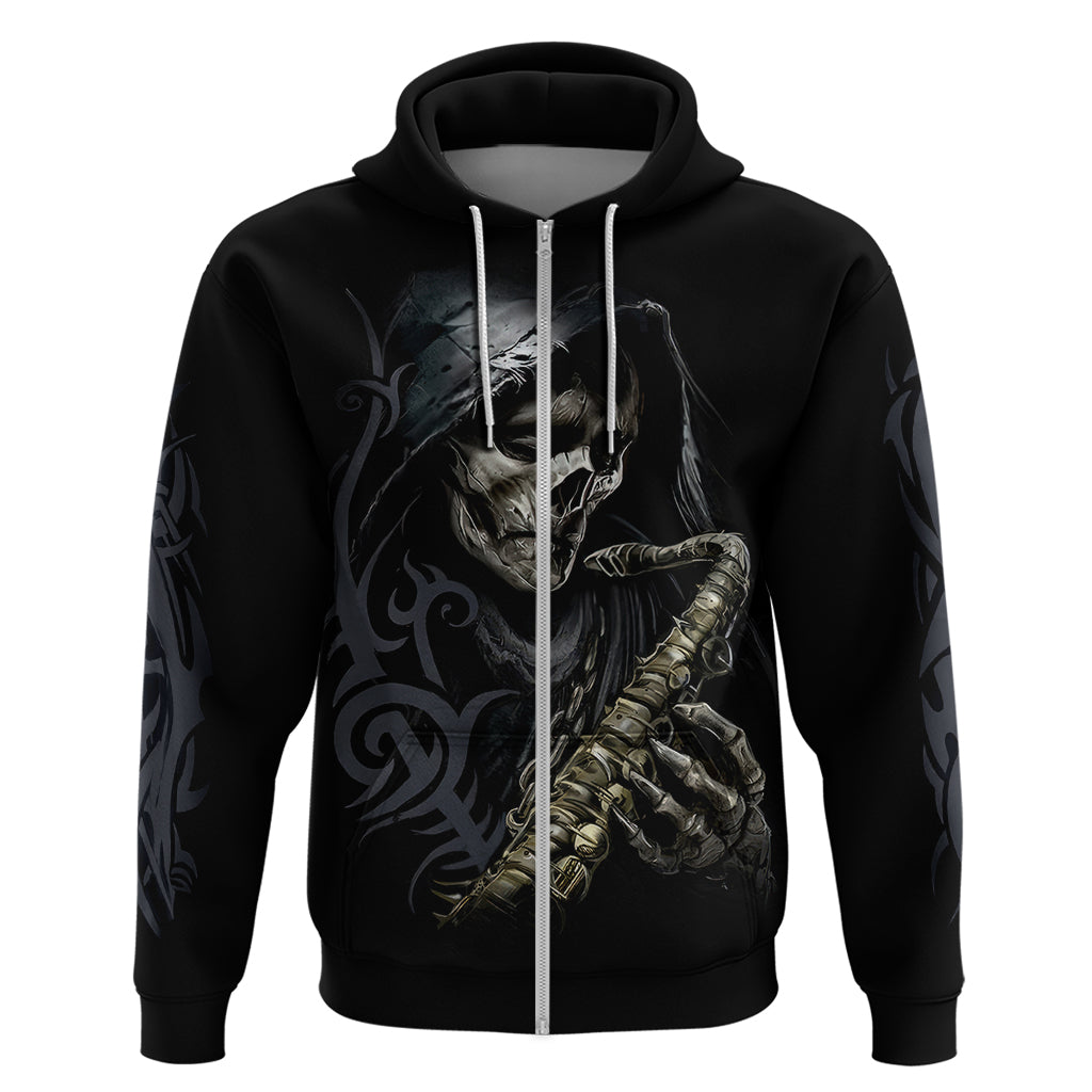 Black pullover hoodie with skull face and skeleton holding guitar, front view
