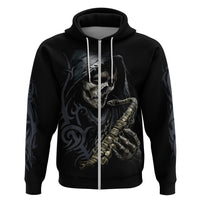 Black pullover hoodie with skull face and skeleton holding guitar, front view